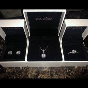 Pandora earrings, necklace, and ring